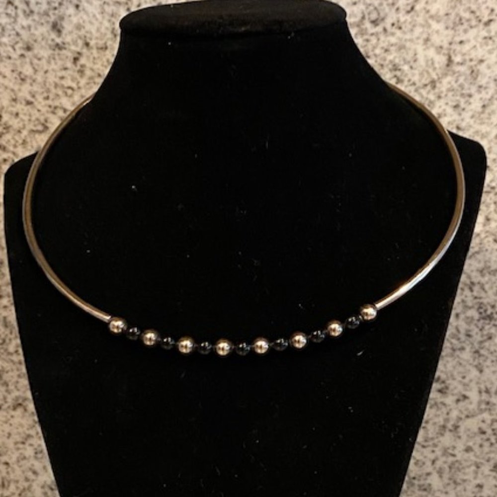 Sterling Silver Flexible Choker Necklace with 925 and black onyx beads